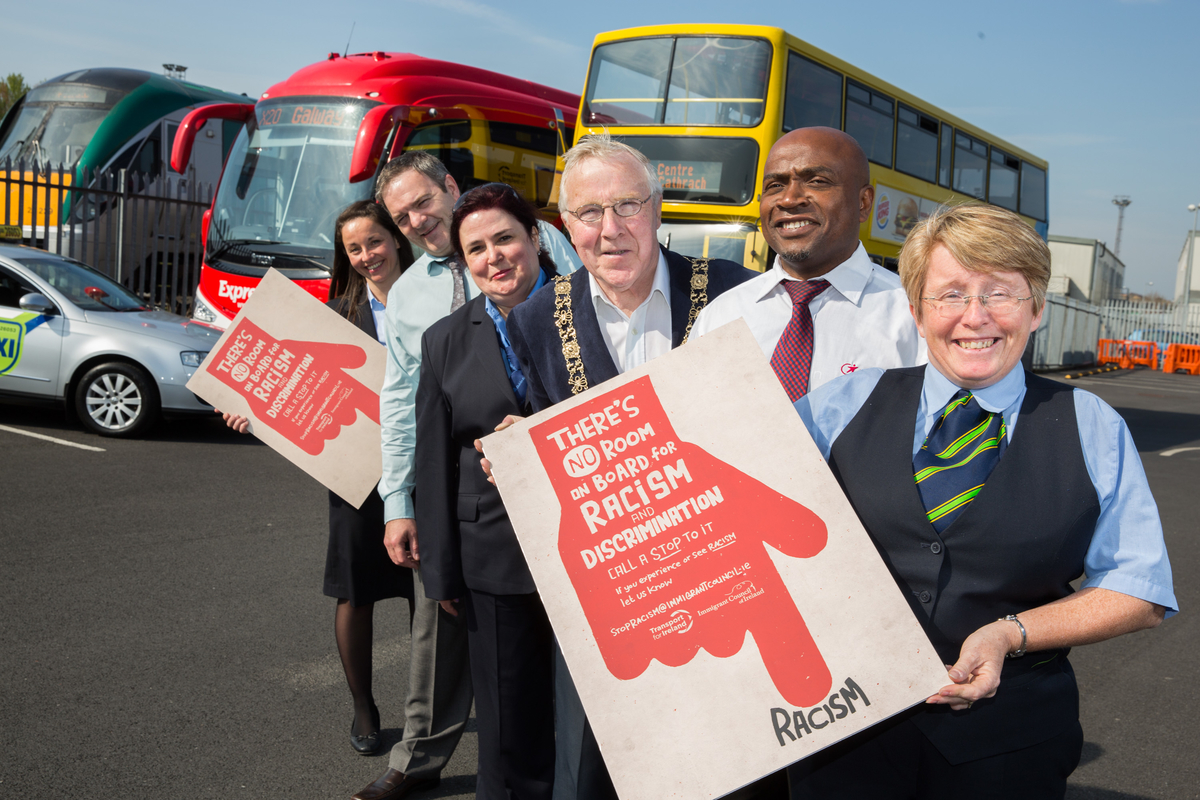 Anti Racism Launch Pictured at the campaign launch are (L-R): Katorzyna Carville, Bus Eireann, Gerard Brohan, Taxi Driver, Ingrid Costica, Dublin Bus, Lord Mayor of Dublin, Christy Burke, Sammy Alcorede, Luas, Jacqui Reid, Irish Rail