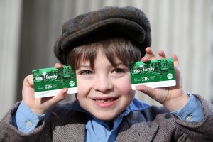 Repro Free: Tuesday March 1st 2016. 1916 meets 2016: Pictured launching the €10 Leap Family Card was Darragh McCormick age 7 from Galway. A new, promotional Leap Family Card was today launched by the National Transport Authority. Costing only €10, the Leap Family Card gives a family of two adults and up to four children (aged 18 or under) 24-hours unlimited travel in and around the Greater Dublin Area on Dublin Bus, Luas, Bus Éireann, DART and commuter rail. Picture Jason Clarke.