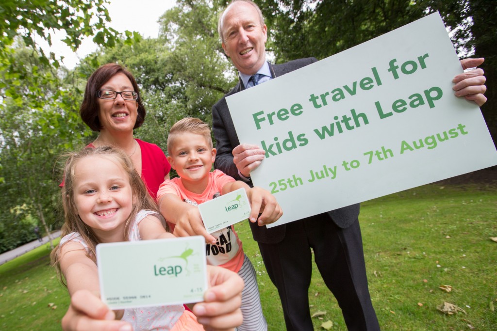 No repro fee 11-7-2016 Free travel on Child Leap Cards July 25 - August 7 Picture shows in front from left ;Lily Raethorne,6; Rathfarnham; Jude Davis ,9, Finglas; with Anne Graham, CEO of the National Transport Authority and Transport, Tourism and Sport Minister Shane Ross TD at the announcement that all Child Leap Card holders (aged between the ages of 4 and 18) can travel free on any Leap Card service for a fortnight from Monday July 25.Pic:Naoise Culhane-no fee The free travel will automatically apply when using a Child Leap Card on the following services from 25th July until the 7th August (inclusive):All Dublin Bus scheduled services (excluding Airlink); All Luas services;All DART services;All Commuter Rail services in Dublin’s “Short Hop Zone”;Bus Éireann services where Leap Card Validators are available. This includes: Bus Éireann services in Dublin and surrounding counties (Excluding Expressway);Bus Éireann Services in Cork city, Limerick city, Galway city, and Waterford city;Ashbourne Connect. This free travel promotion will encourage families, children and teens to use public transport for their leisure activities in the school holidays, and to get out and about and enjoy more of what Ireland has to offer. It also highlights the cheaper fares which are available to Child Leap Card holders, and serves as a reminder for families to get their Leap Cards, and to get used to using them, in plenty of time before the new school year begins. Pic:Naoise Culhane no fee