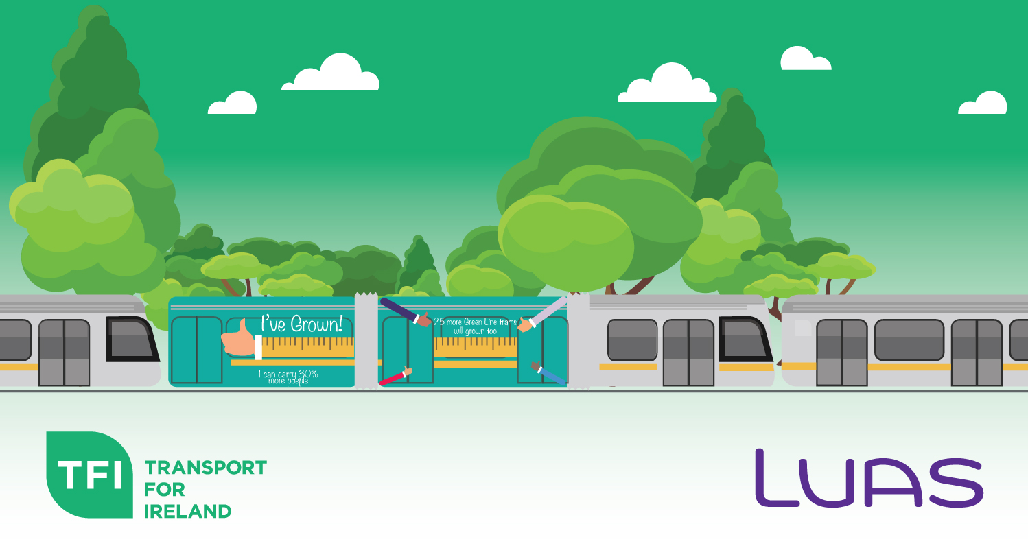 Image of new extended Luas tram, with logos and trees in the background.