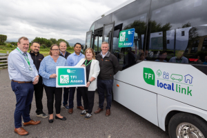 the launch of the National Transport Authority's & Local Link Kerry TFI Anseo Pilot in Killarney are L to R : Alan O'Connell, General Manager at Local Link Kerry; Mathew Cutajar, O’Callaghan Coaches Local Link Coordinator; Blathin McElligott, Head of Corporate Services at the National Transport Authority; Johannes Horn, General Manager, O'Callaghan's Coaches; Rogie Mosquera, Driver with O'Callaghans Coaches; Siobhan O'Keeffe, Operations & Smart DRT Coordinator at Local Link Kerry and Philip O'Callaghan, Director at O'Callaghan's Coaches
