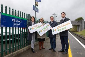 DART to be extended to Kilcock - at Kilkock sign, with Anne Shaw, NTA, Mary Considine, Iarnród Éireann, Darragh O’Brien, Minister for Transport, Sean Canney Minister of State (Rail)