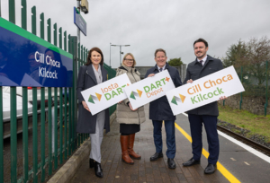 DART plus to be extended to Kilcock - on platform by Kilcock sign, with Anne Shaw, NTA, Mary Considine, Iarnród Éireann, Darragh O’Brien, Minister for Transport, Sean Canney Minister of State (Rail)