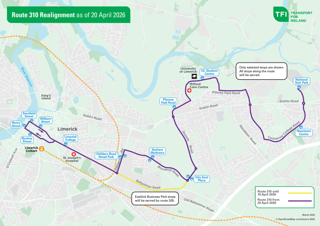 Limerick bus route 310-map in English size 2048x1448 pixels
