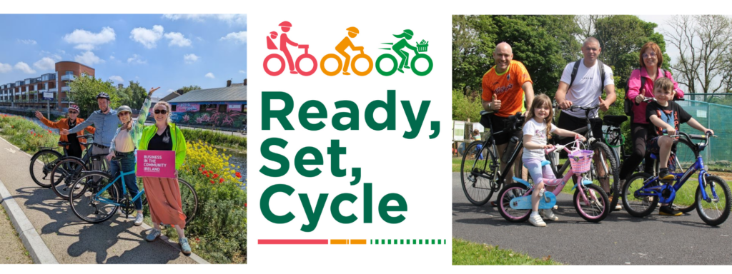 A website banner featuring a collage of the Ready, Set, Cycle logo and photos of people on bikes